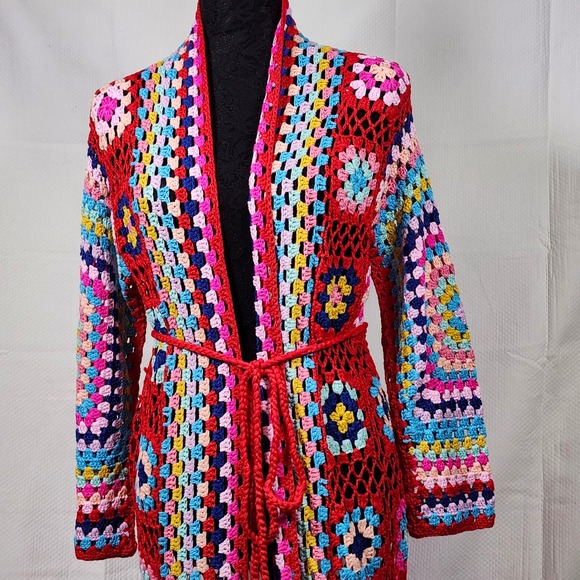 Boho Crochet Granny Square Kimono Cardigan Red Fringe Multicolor One Size - Picture 5 of 8